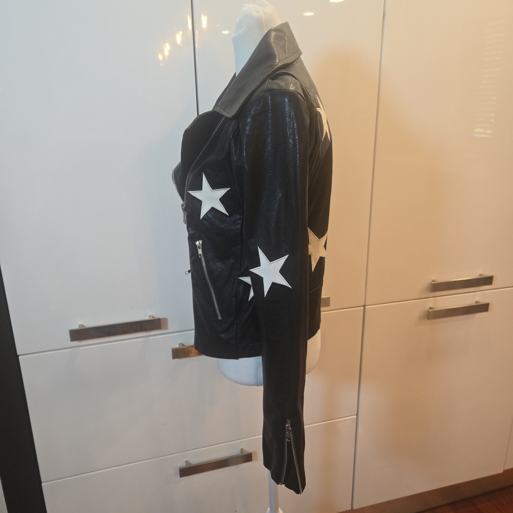 Olivaceous Black Leather Jacket with White Stars - Picture 6 of 13